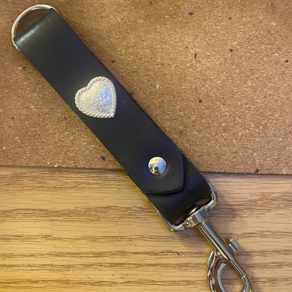 Black Leather Keychain with Silver Heart Accent